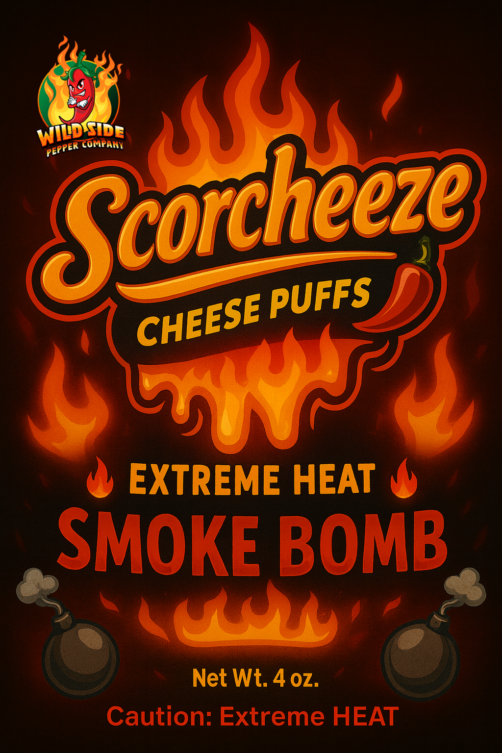 close up Scorcheeze Smoke Bomb bold cheesy extreme heat puff snack