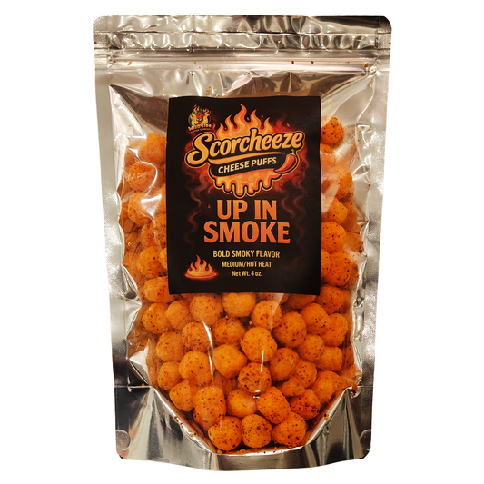 Scorcheeze Up In Smoke cheese puffs packaging bold smoky flavor
