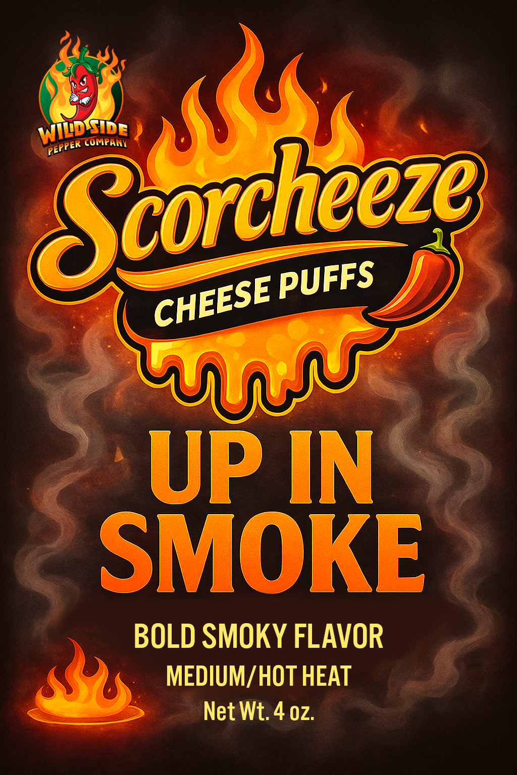 Scorcheeze Cheese Puffs Up In Smoke flavor, bold smoky cheese puffs with medium to hot heat by Wild Side Pepper Company