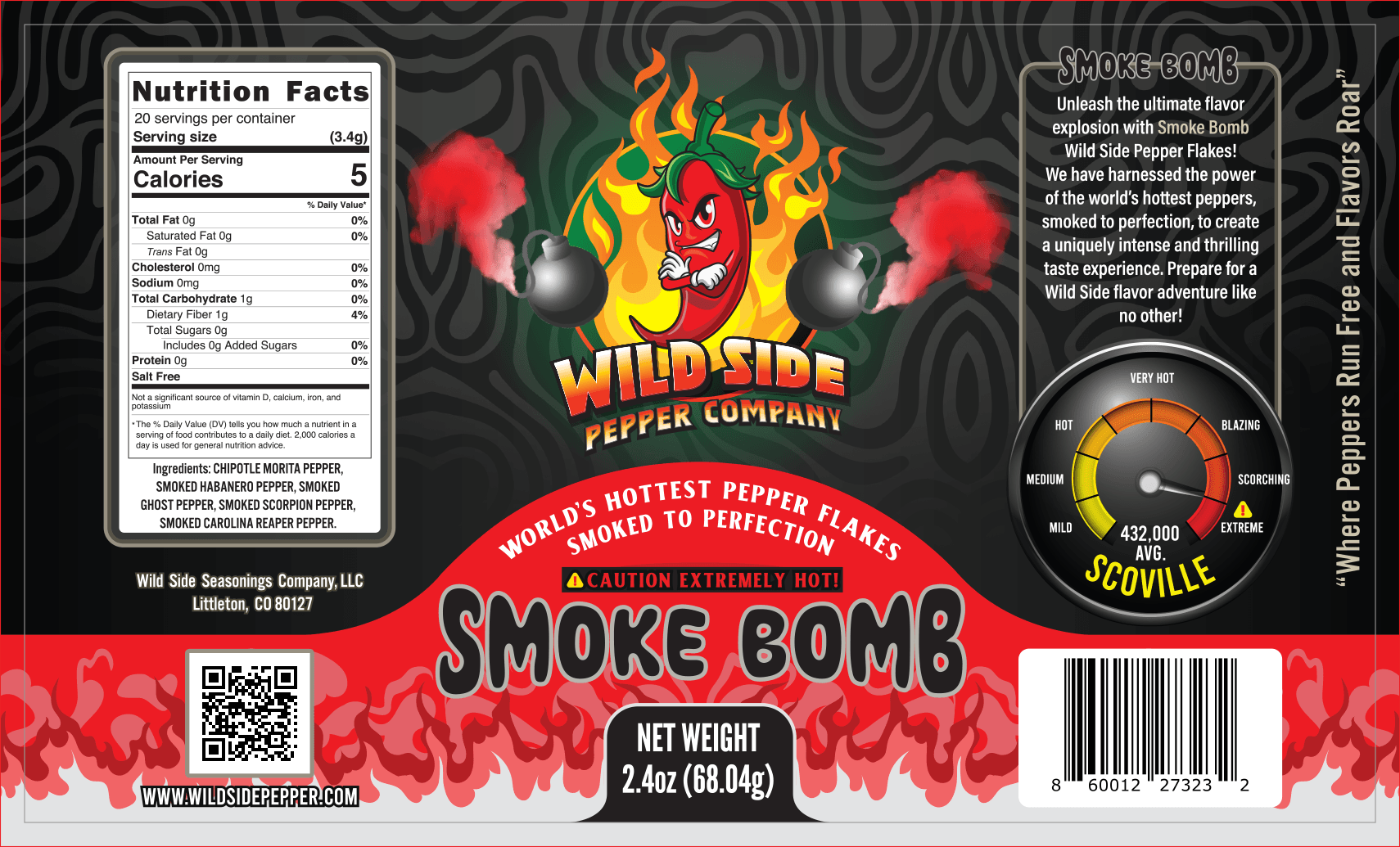 Smoke Bomb - Worlds Hottest - HOT Pepper Flakes with Carolina Reaper, Scorpion, Ghost Habanero and Chipotle - Wild Side Pepper Company