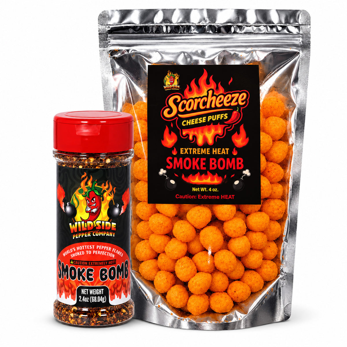 Wild Side Smoke Bomb bundle with extra hot smoky pepper flakes and matching Scorcheeze cheese puffs.
