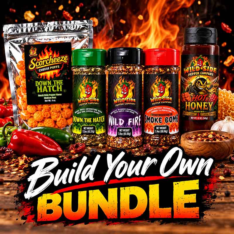 Wild Side pepper flakes, Scorcheeze cheese puffs, hot honey and chile grinder for a custom bundle