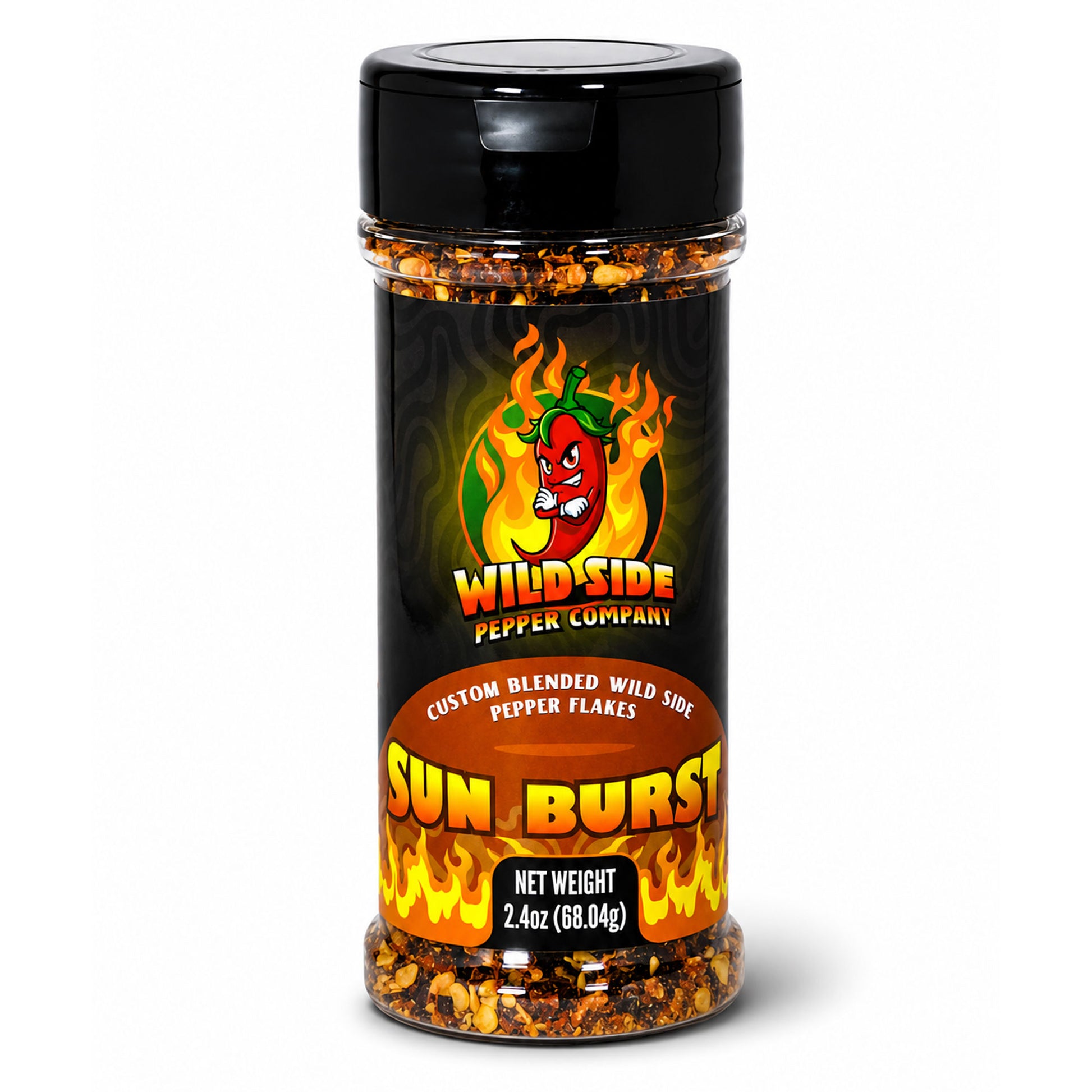 A bottle of Wild Side Pepper Company Sun Burst custom blended wild side pepper flakes, 2.4 oz, on a white background.