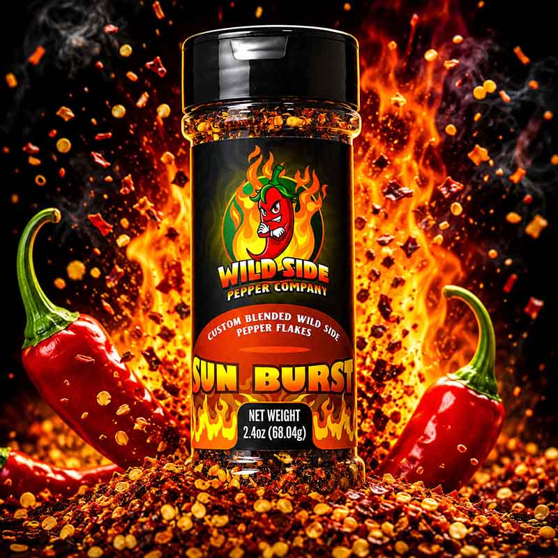 Wild Side Sun Burst pepper flakes with Aji Limo, African Bird’s Eye and Scotch Bonnet peppers