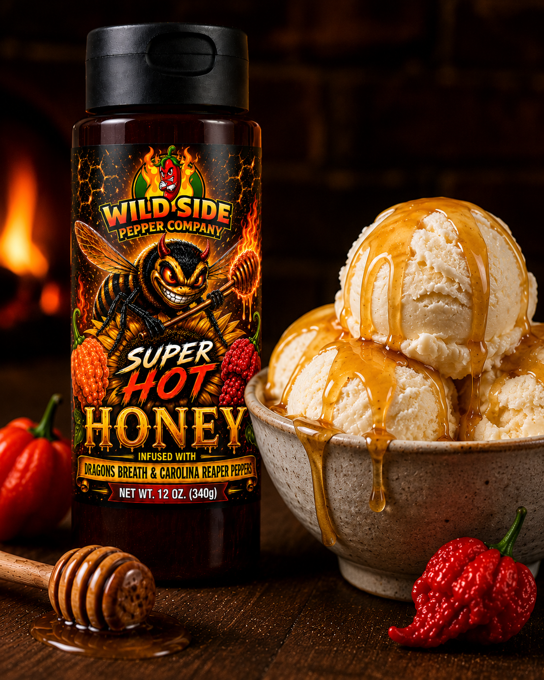 Super Hot Honey by Wild Side Pepper Company paired with creamy vanilla ice cream and honey drizzle. Dragons Breath and Carolina Reaper infused honey delivers the perfect balance of sweet flavor and extreme heat.