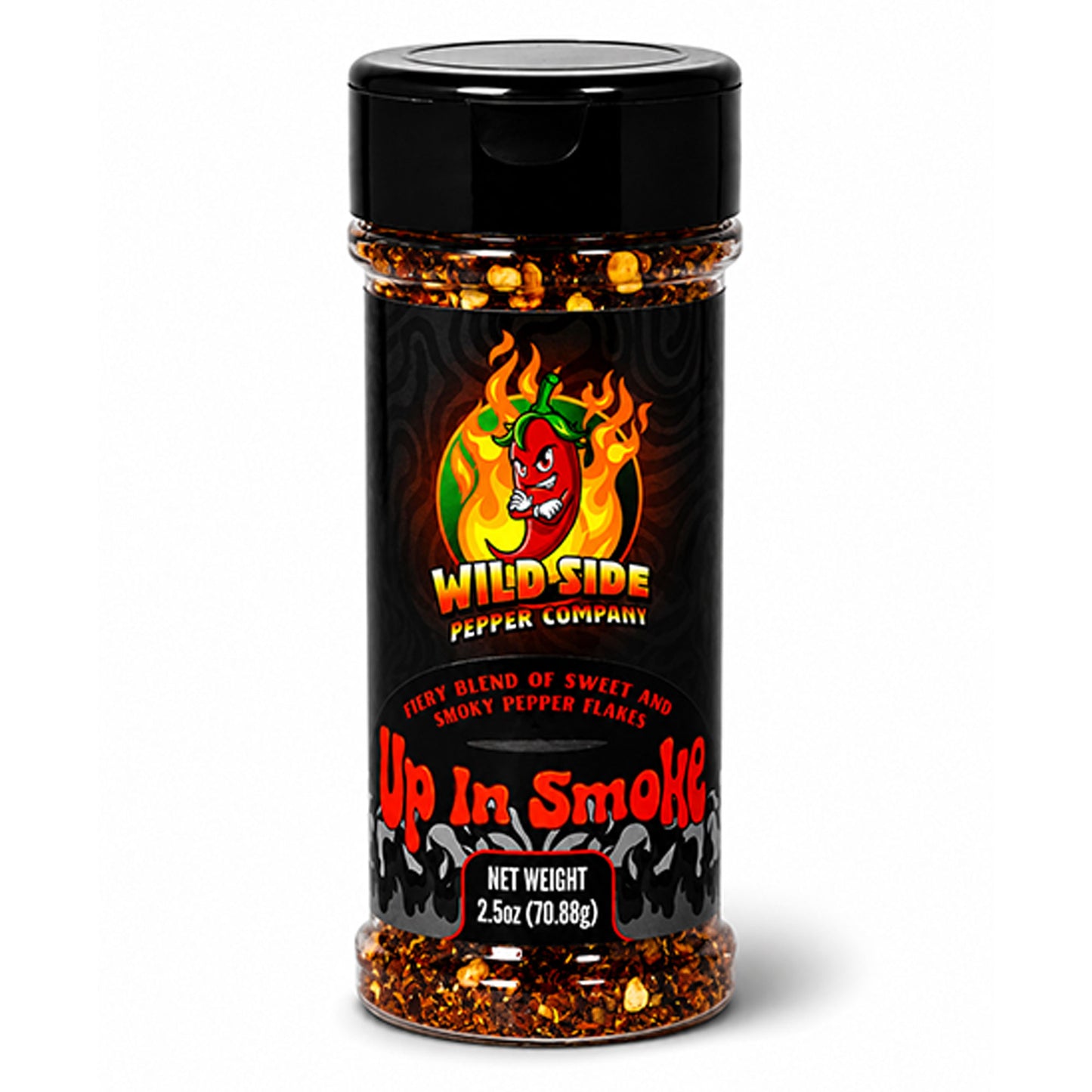 A bottle of Wild Side Pepper Company 'Up In Smoke' chili pepper blend seasoning, featuring a black cap and a black label with red and yellow text and graphics, set against a plain white background.