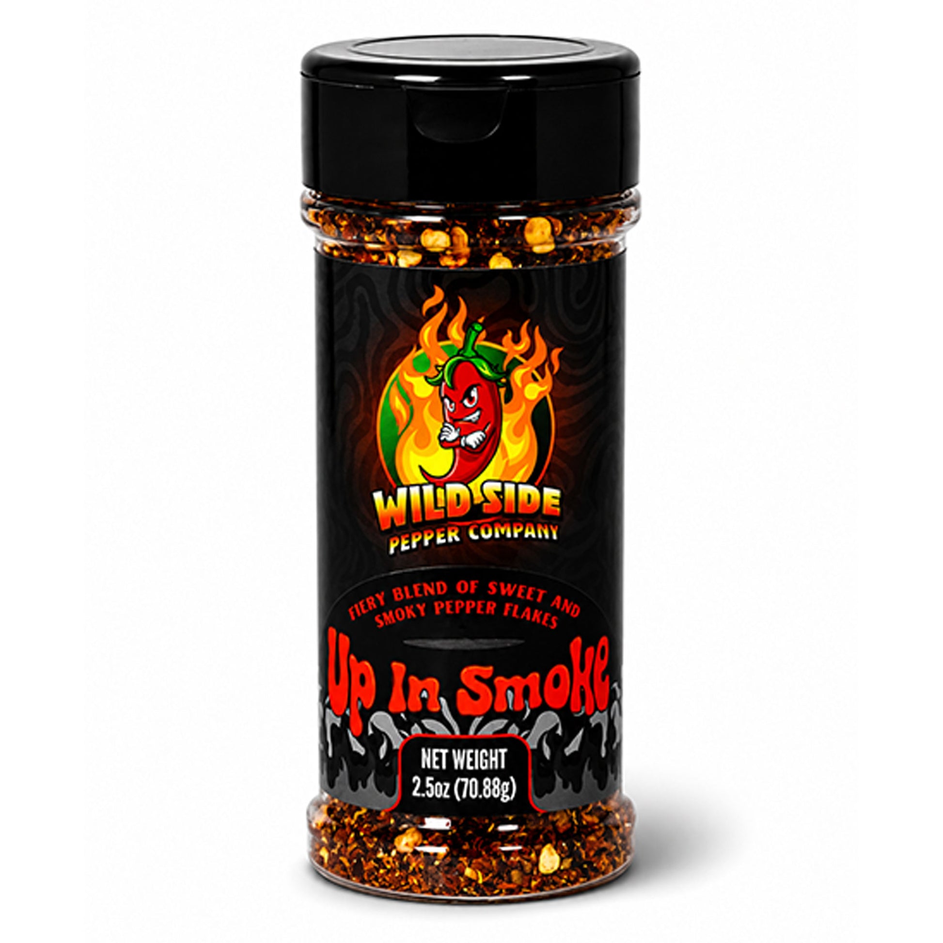 A bottle of Wild Side Pepper Company 'Up In Smoke' chili pepper blend seasoning, featuring a black cap and a black label with red and yellow text and graphics, set against a plain white background.