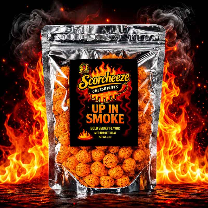 Wild Side Up In Smoke Scorcheeze cheese puffs with smoky Up In Smoke chile pepper seasoning