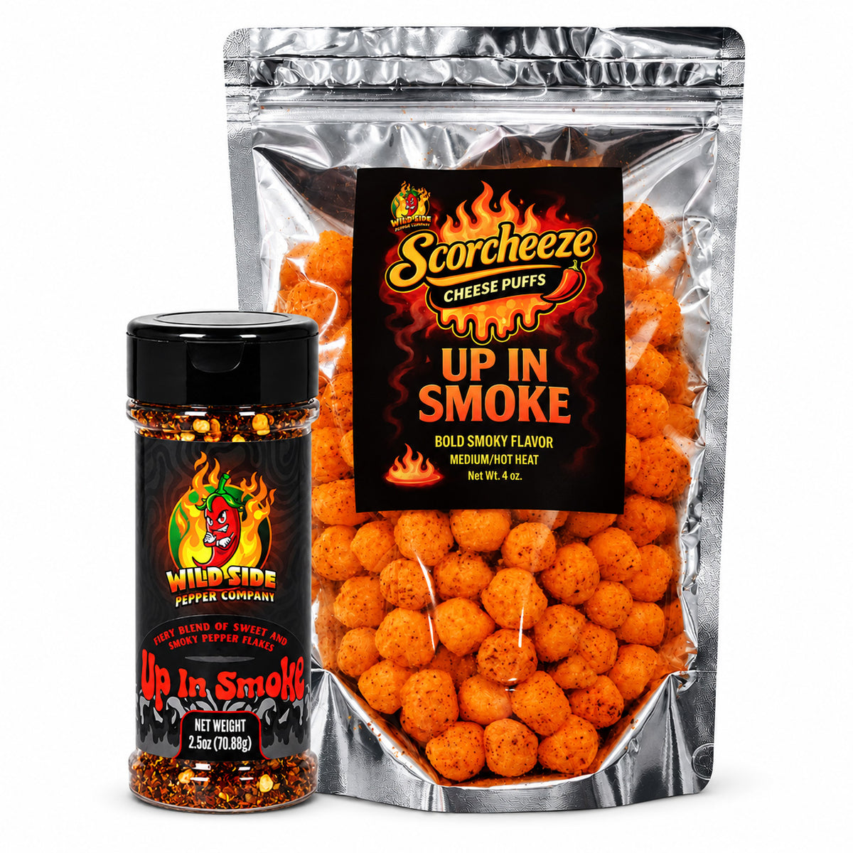 Wild Side Up In Smoke bundle with smoky chile pepper flakes and matching Scorcheeze cheese puffs.