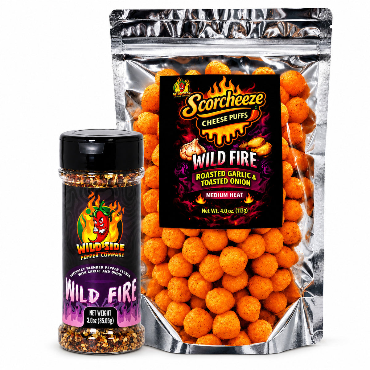 Wild Side Wild Fire Bundle with Wild Fire pepper flakes and Scorcheeze Wild Fire cheese puffs