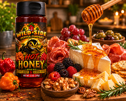 Wild Side Hot Honey infused with Scotch Bonnet and Scorpion peppers served with a charcuterie board featuring brie cheese, cured meats, nuts, berries, and spicy honey drizzle.