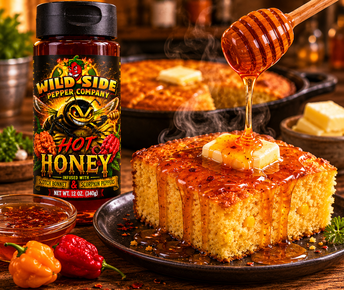 Wild Side Hot Honey infused with Scotch Bonnet and Scorpion peppers served with hot buttery cornbread, creating a sweet-and-spicy comfort food pairing.