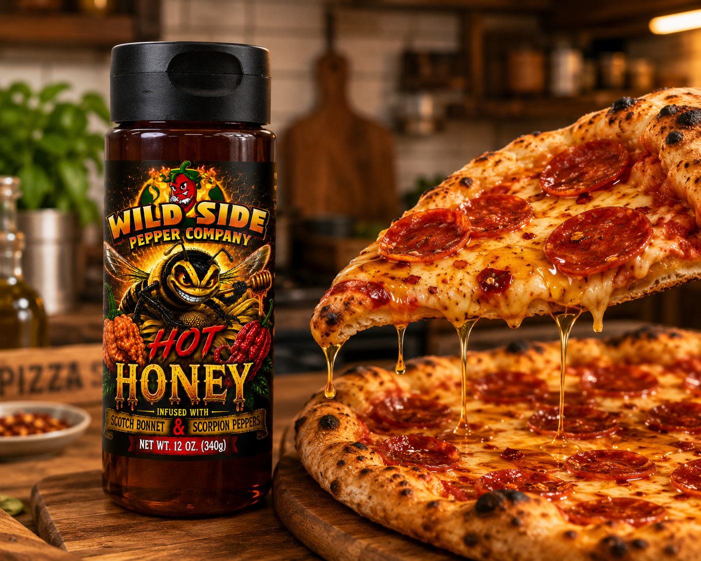 Wild Side Hot Honey infused with Scotch Bonnet and Scorpion peppers drizzled over fresh pepperoni pizza, delivering the perfect sweet-and-spicy flavor combination.
