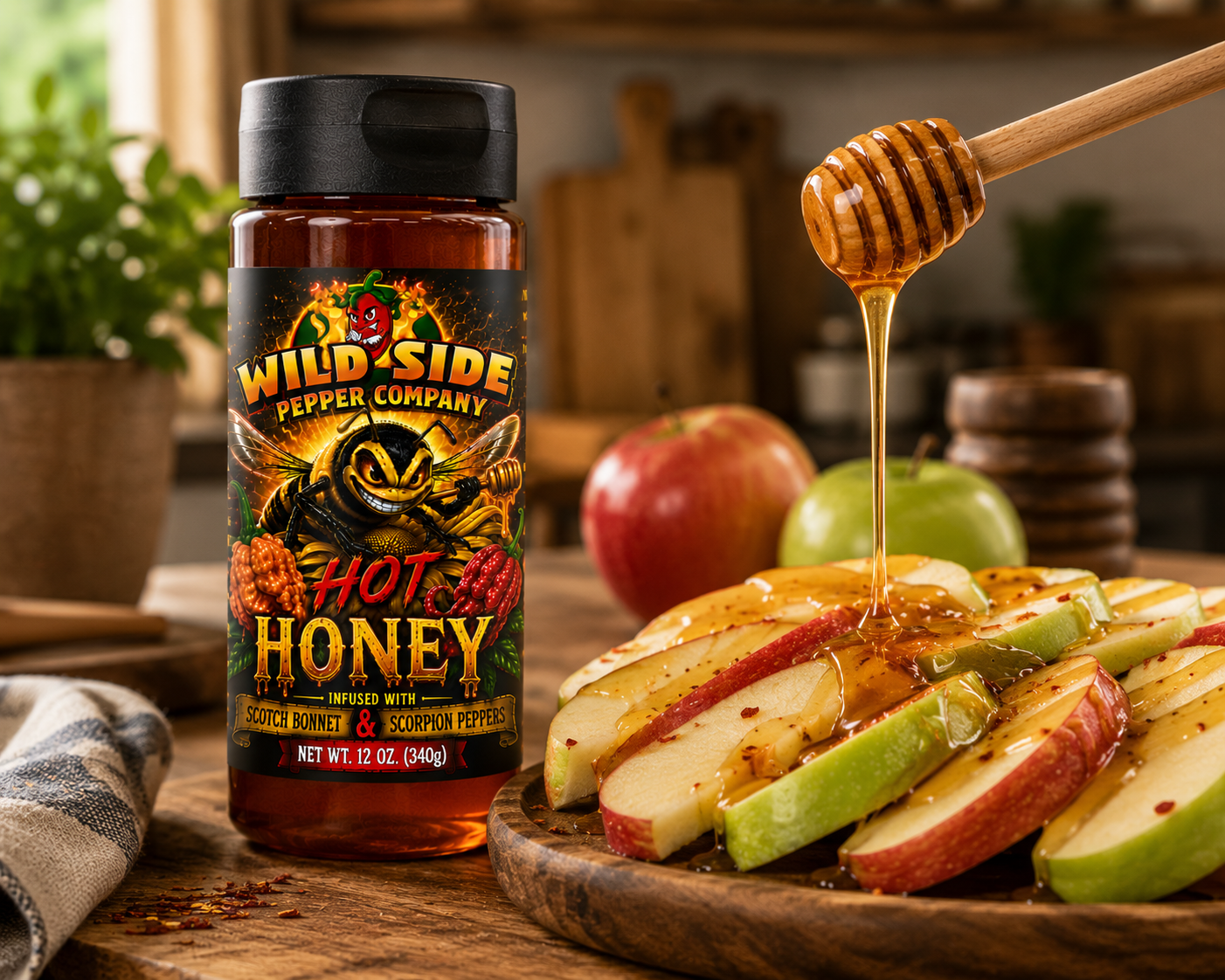 Wild Side Hot Honey infused with Scotch Bonnet and Scorpion peppers served with sliced red and green apples, creating a sweet-and-spicy snack pairing.