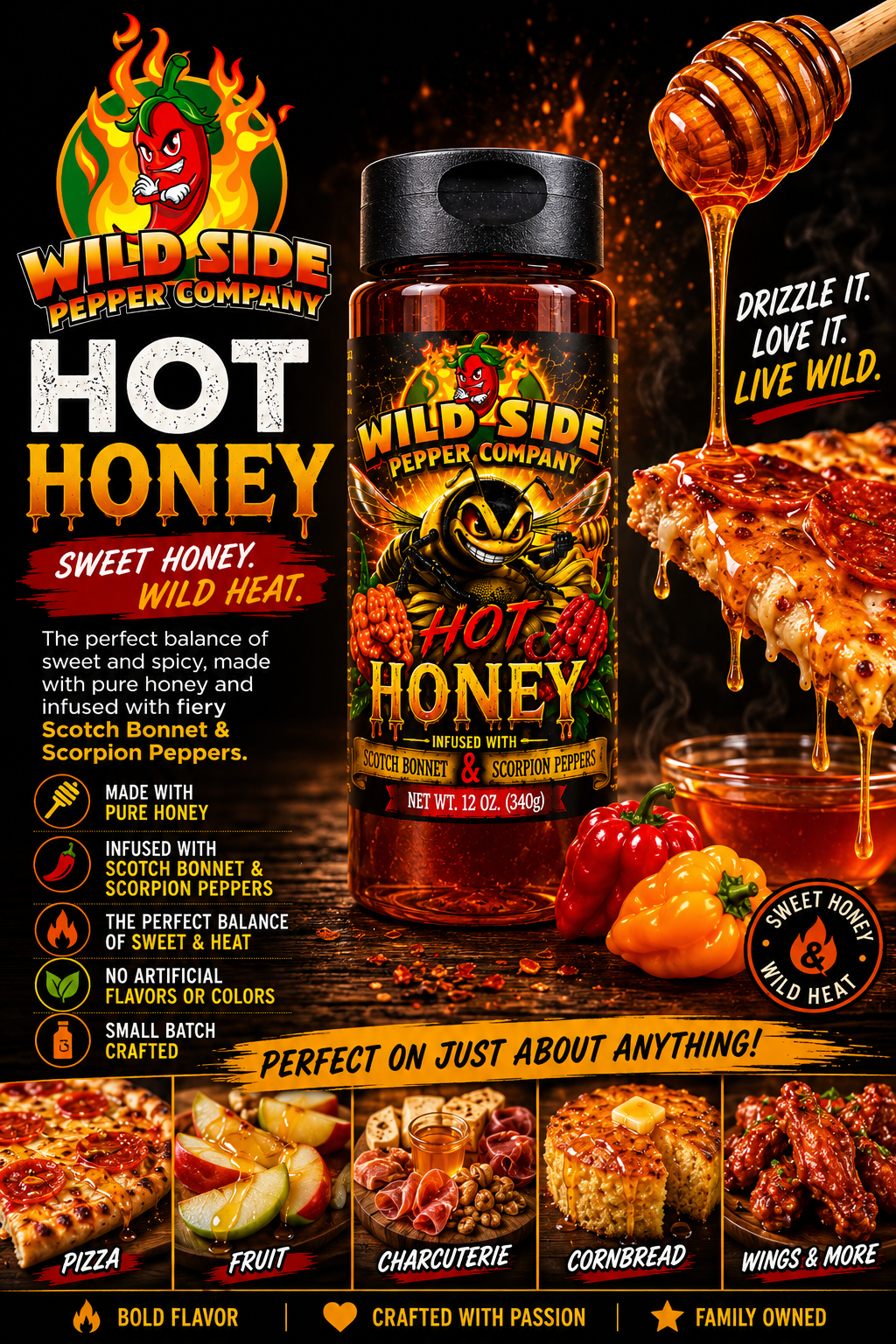 Wild Side Hot Honey infused with Scotch Bonnet and Scorpion peppers, showcasing bold flavor, wild heat, pure honey, small-batch craftsmanship, and perfect pairings with pizza, fruit, charcuterie boards, cornbread, and chicken wings.
