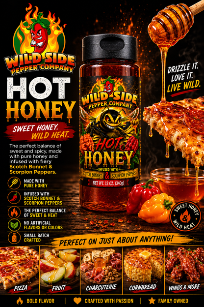 Wild Side Hot Honey infused with Scotch Bonnet and Scorpion peppers, showcasing bold flavor, wild heat, pure honey, small-batch craftsmanship, and perfect pairings with pizza, fruit, charcuterie boards, cornbread, and chicken wings.