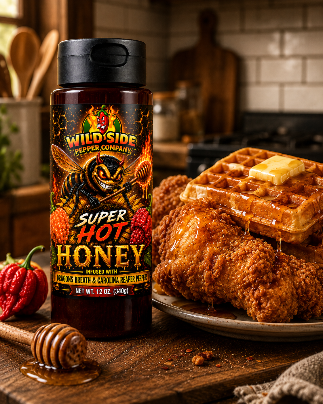 Super Hot Honey by Wild Side Pepper Company paired with crispy fried chicken and fluffy waffles. Dragons Breath and Carolina Reaper infused honey delivers the perfect balance of sweetness and fiery heat for chicken and waffles.