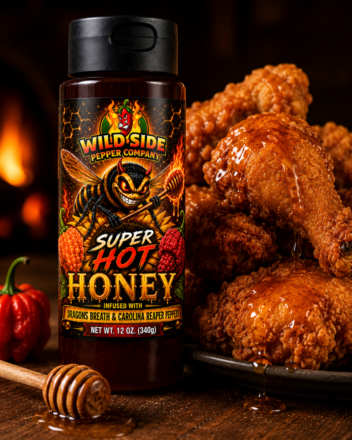 Super Hot Honey by Wild Side Pepper Company paired with crispy fried chicken. Dragons Breath and Carolina Reaper infused honey delivers the perfect balance of rich sweetness and fiery heat for chicken lovers.