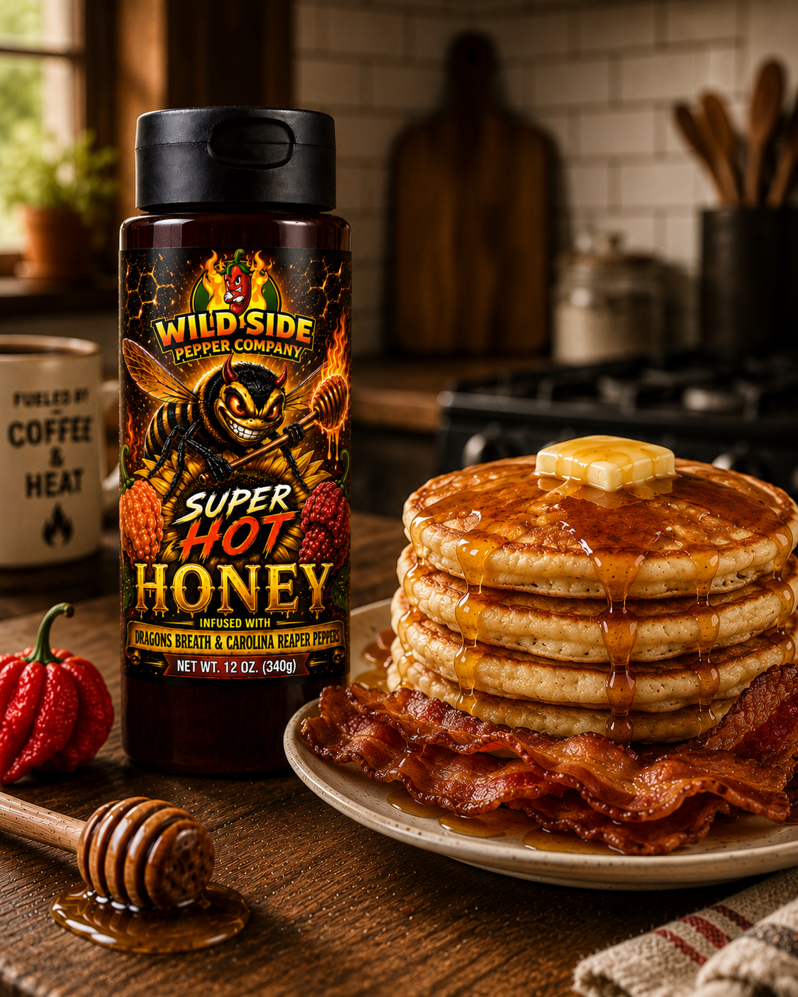 Super Hot Honey by Wild Side Pepper Company paired with golden pancakes and crispy bacon. Dragons Breath and Carolina Reaper infused honey delivers the perfect balance of sweetness and fiery heat for breakfast.