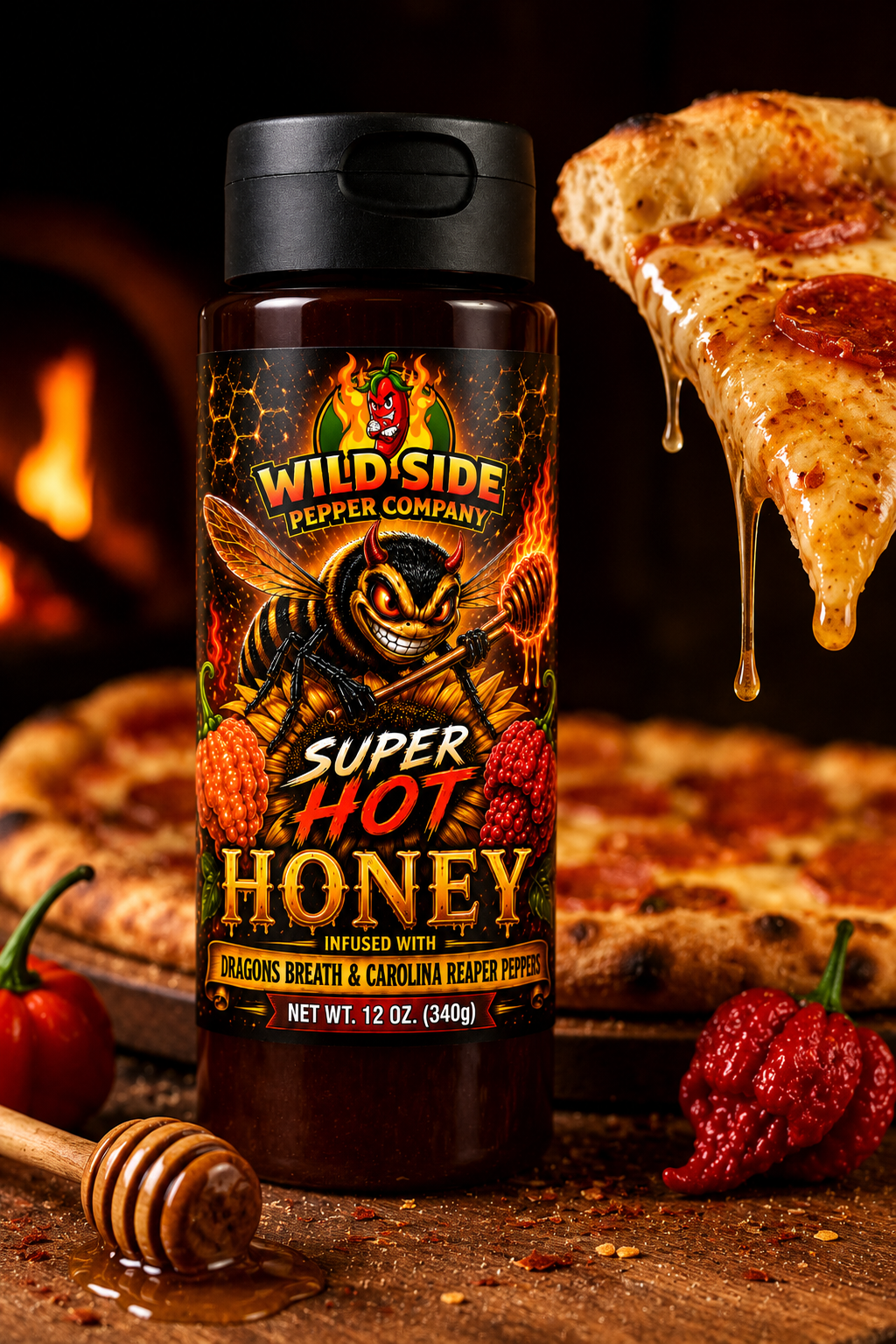 Super Hot Honey by Wild Side Pepper Company paired with fresh pepperoni pizza. Dragons Breath and Carolina Reaper infused honey adds bold flavor, sweet heat, and a spicy kick to every slice.