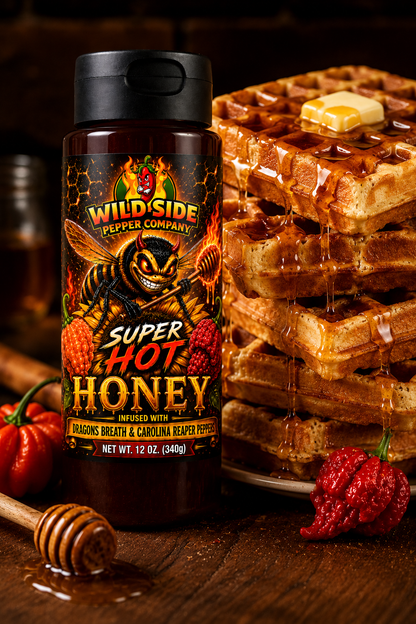 Super Hot Honey by Wild Side Pepper Company paired with a stack of crispy golden waffles. Dragons Breath and Carolina Reaper infused honey delivers rich sweetness and intense heat for an unforgettable breakfast experience.