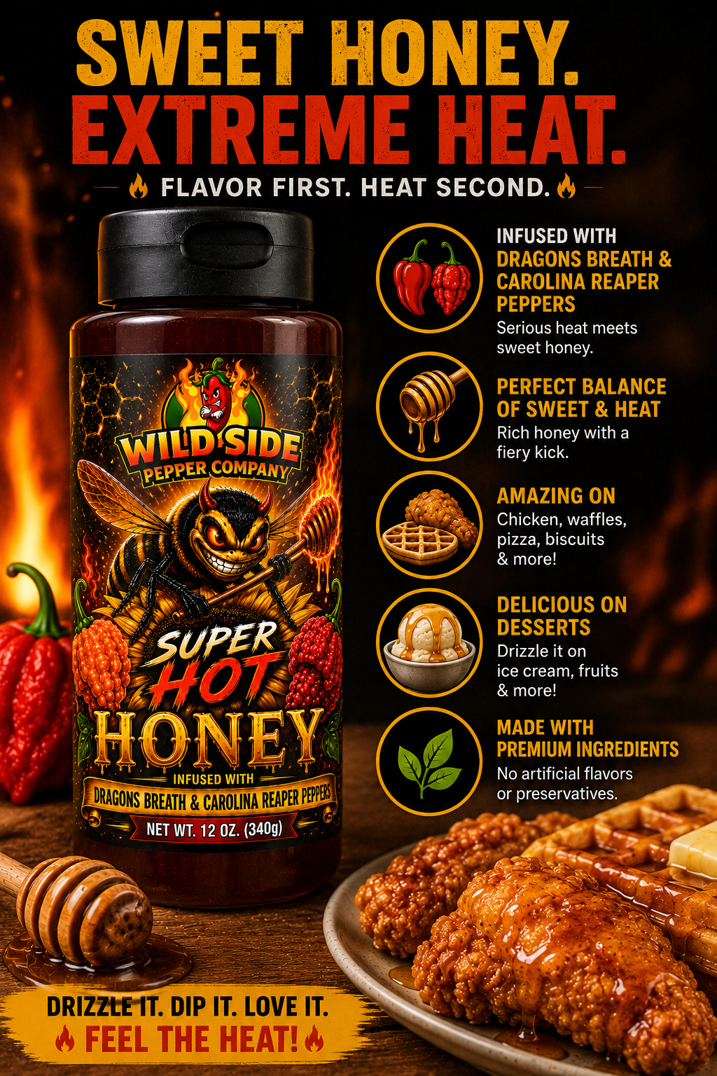 Wild Side Pepper Company Super Hot Honey highlights image showcasing Dragons Breath and Carolina Reaper infused hot honey, sweet and spicy flavor, premium ingredients, and perfect pairings with fried chicken, waffles, pizza, biscuits, ice cream, and more.