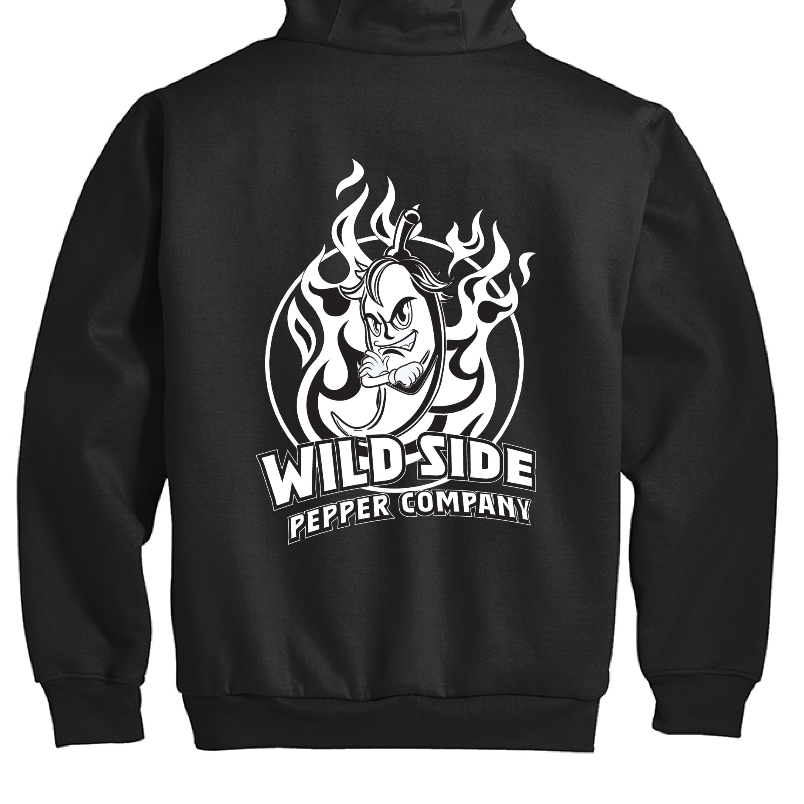 Wild Side Pepper Company - Black Zip Up Hoodie - Back Wild Side Pepper Company Logo Black and White